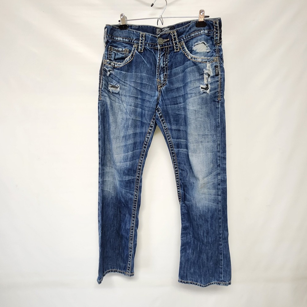 Silver Zac Straight Distressed Mens Dark Wash‎ Jeans Size 33x32 Distressed